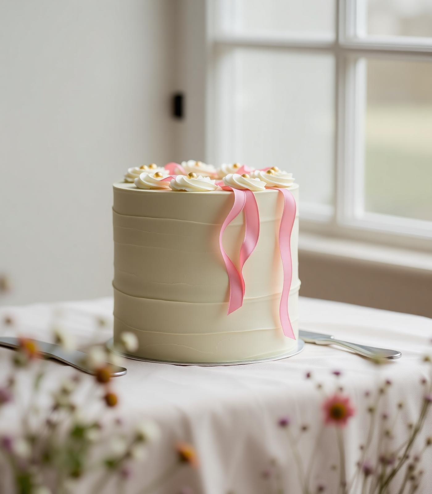 Sage-green vintage cake with pink ribbons on a linen table